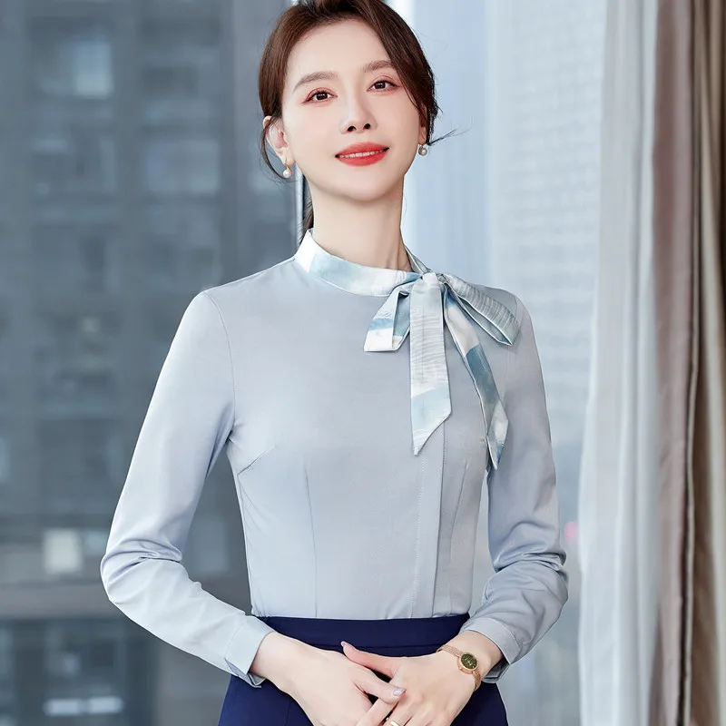 NAVIU New Style Summer Autumn Fashion Formal Ladies Shirt Women Tops Slim Elegant Office Stand Bow Blue White Blouse Work Wear