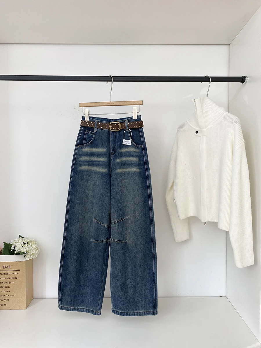 

Casual Washed Denim Jeans High Waist Loose Fit Women's Autumn Commute Simple Style Wide Leg Pants Korean Trend 2025