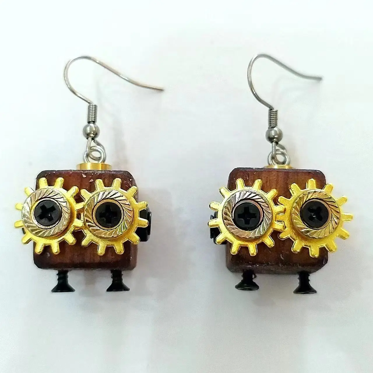 Steampunk robot pure handmade creative cute earrings finished wooden trendy toy pendant decoration matching