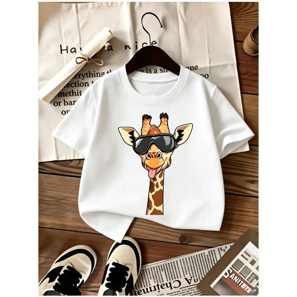 Funny Animal Cartoon Giraffe Pattern Printing Children's T-shirt Summer Short-sleeved Children's Loose and Comfortable Top