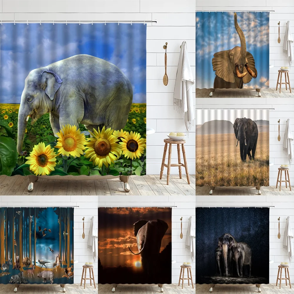 Funny Elephant Shower Curtain Cute Animal Sunflower Field Bathtub Yellow Floral Decor Bathroom Curtains Waterproof Fabric Screen