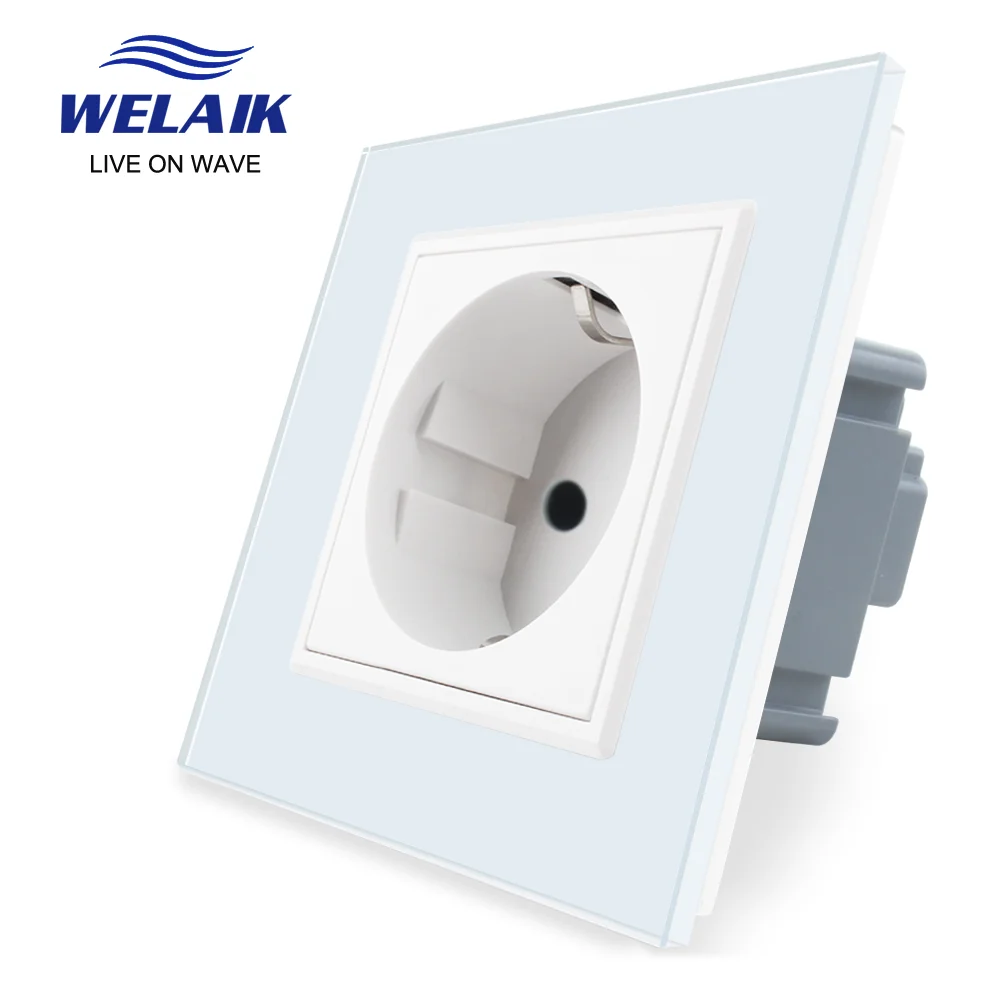 WELAIK EU 16A European Wall Socket Glass Panel Wall Power Socket 80*80mm 220V White Black Socket 16A Socket Wall Outlet A18EW