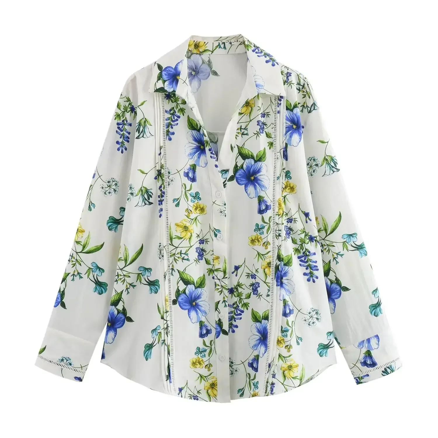 

Women's 2024 New Fashion Flower Print Decoration Casual Lapel Poplin Shirt Retro Long sleeved Button up Women's Shirt Unique Top