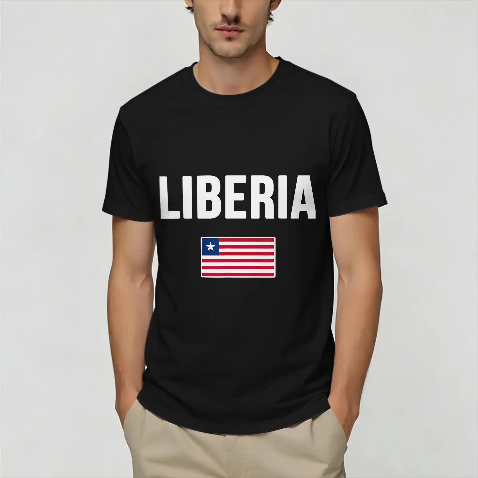 Men's Liberia  Flag Map  T Shirts  Cotton Clothes Humor Short Sleeve Crewneck Tees Original T-Shirt