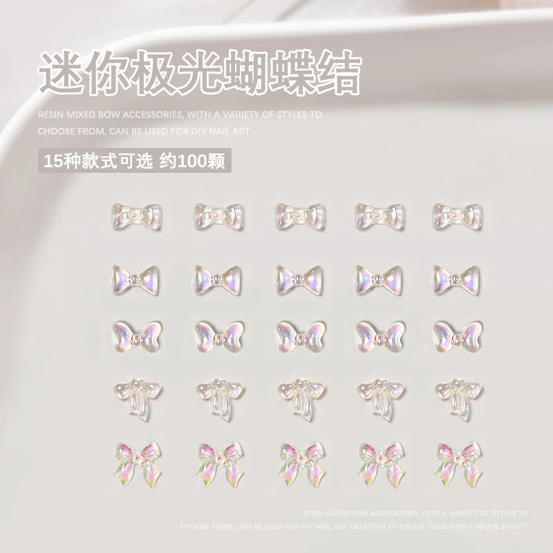 100 Uds Mini Aurora pajarita transparente 3d acrílico Nail Art Charms accesorios con lazo para manicura suministros de decoración de uñas
