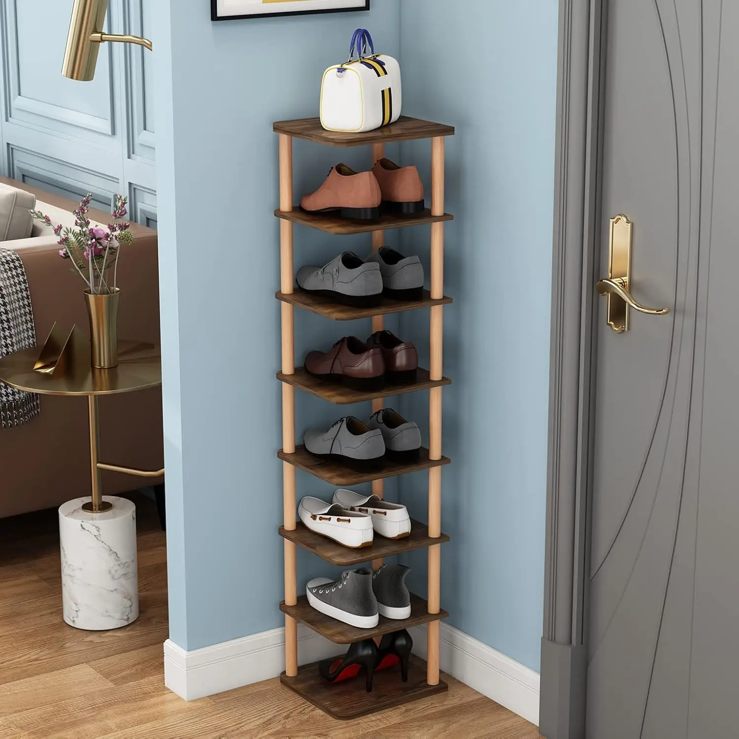 

8 Tiers Vertical Shoe Rack, Narrow Organizer, Stylish Wooden Shoe Stand, Space Saving Shelf Tower, Free Standing for Entryway,