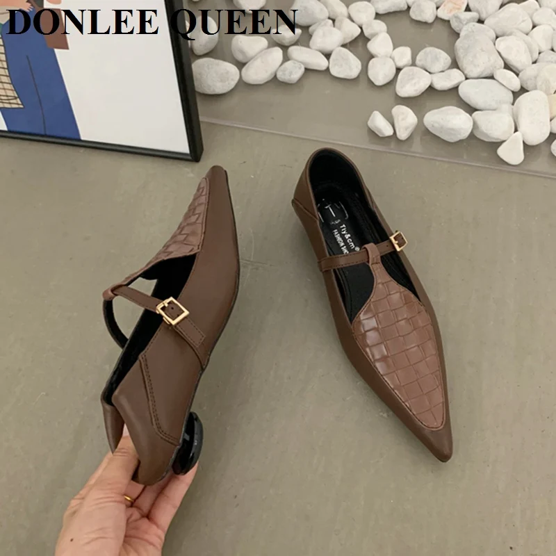 Fashion Pointed Toe Flats Heel Shoes Women Loafers 2023 New Autumn Dress Shoes Ankle Strap Mary Jane Shoes Brand Weave Ballerina