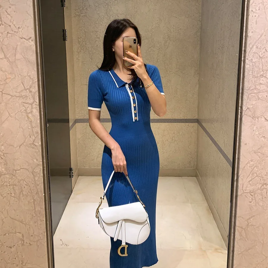 

【New style】Korean style chic retro pure desire style polo collar elastic slimming contrasting color short sleeve knitted hip dr