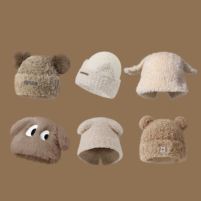 

Winter Hats Woman,Cute Ear Beanie Caps Stylish Thick Slouchy Soft Snow Hat,Furry Bear Hat