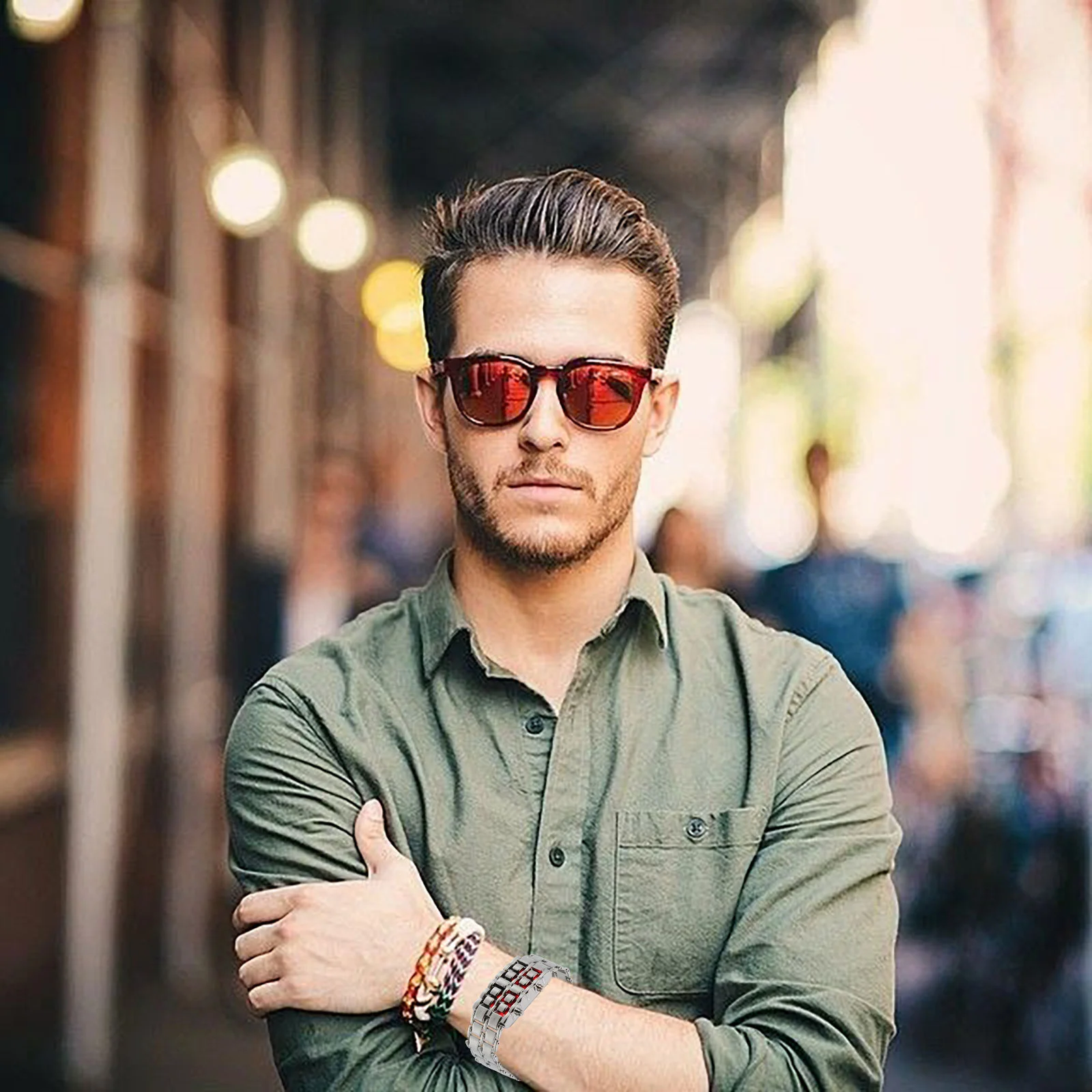 ساعة لافا ستايل LED للرجال سوار رقمي أحمر هدية كلاسيكية أنيقة تصميم سلسلة مستطيلة راقية توقيت دقيق عصري