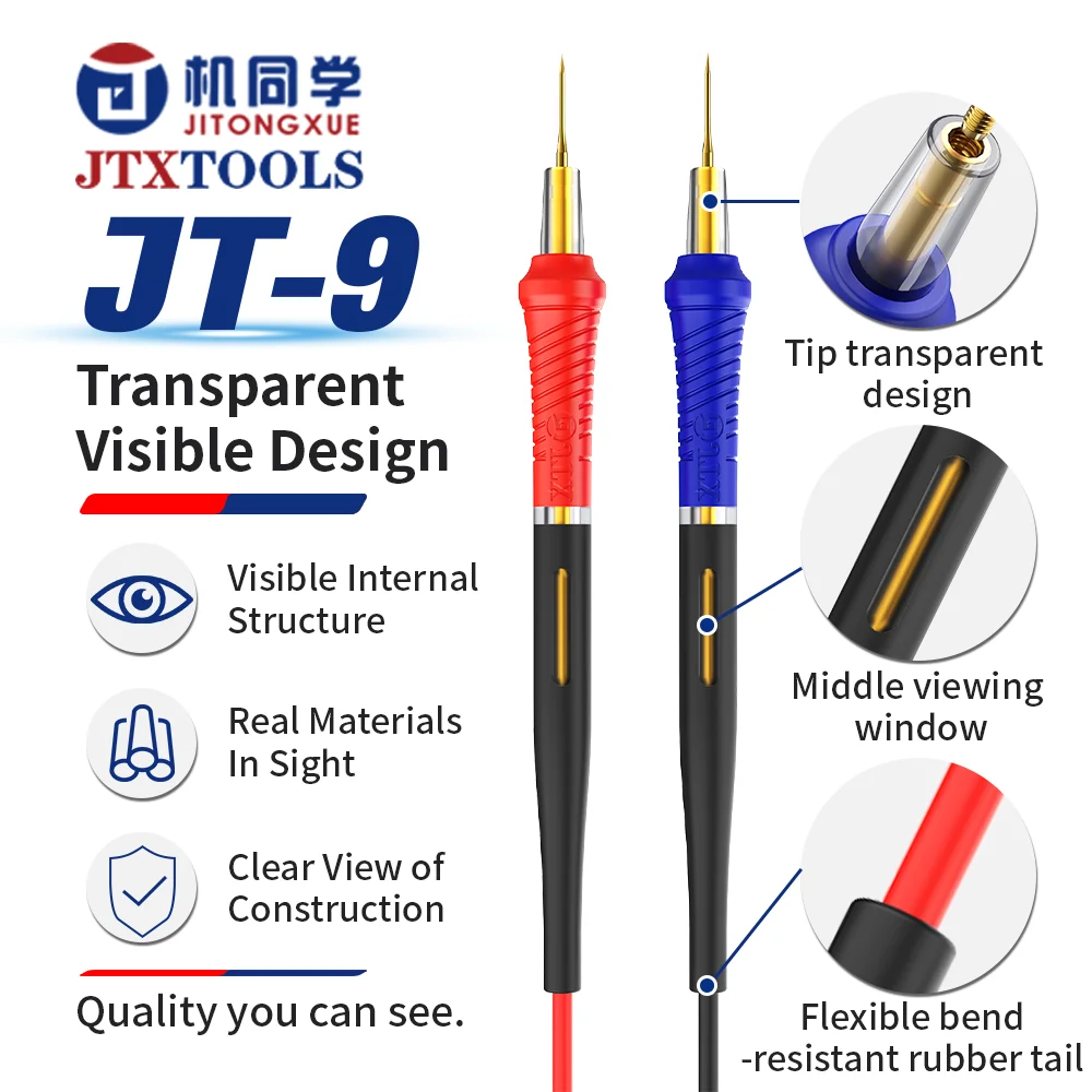 JTXTOOLS JT-9 Precision Multimeter Probe Kit 1000V CAT III Safety Rating Ultra-Hard Replaceable Gold-Plated Tips Flexible Leads