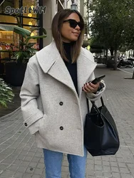 Women Chic Lapel Double-breasted Woolen Blend Jacket Casual Full Sleeve Pocket Short Solid Coat Winter Lady Commuting Outerwear