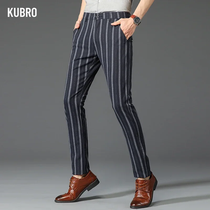 KUBRO Spring Autumn Brand Stripe Pants Men Classic Business Elastic Waist Slim Formal Suit Casual Trousers Fashion High Quality