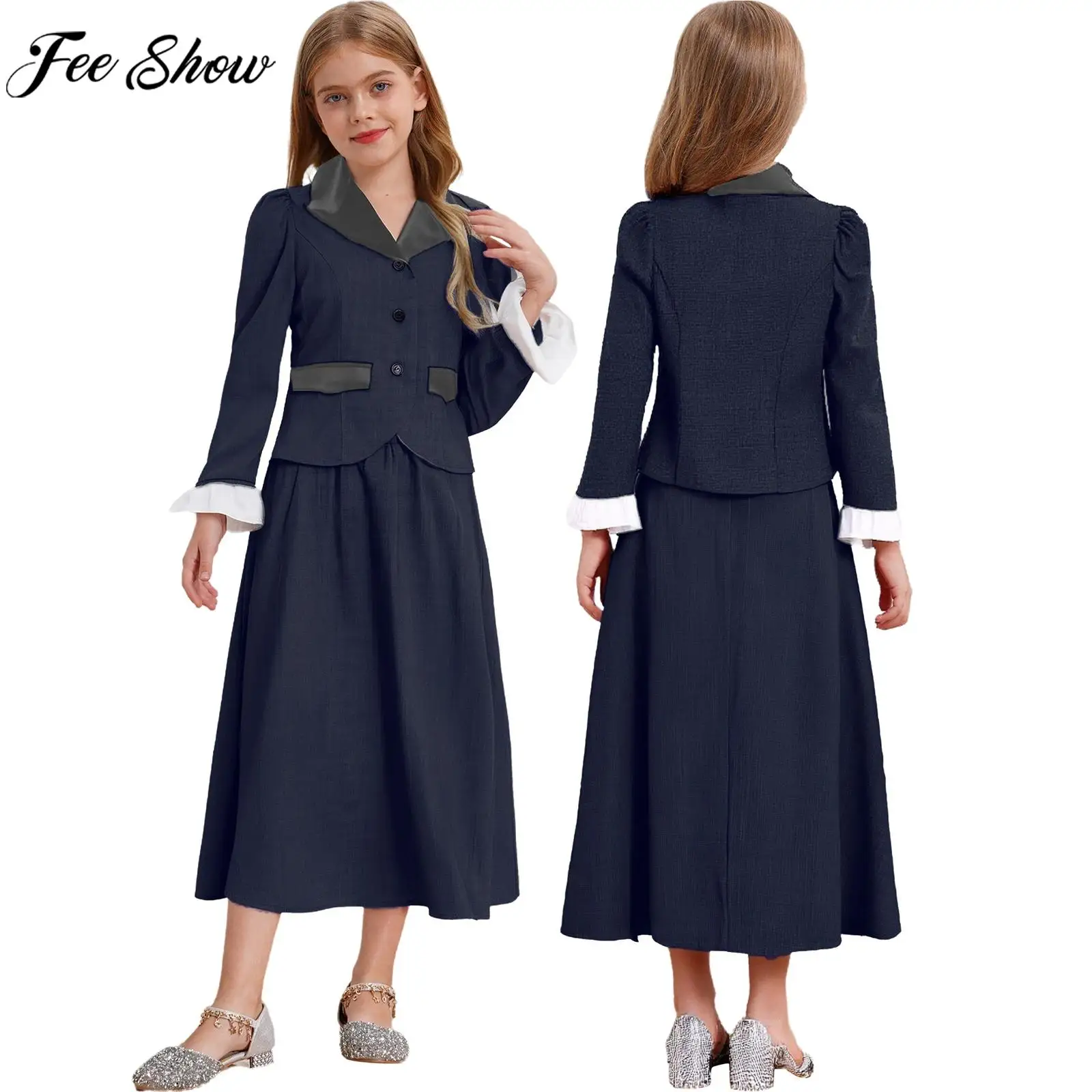 معطف تنكري رائد للمربية الفيكتورية للفتيات الصغيرات مع بدلة تنورة لحفلات الهالوين الكلاسيكية التاريخية