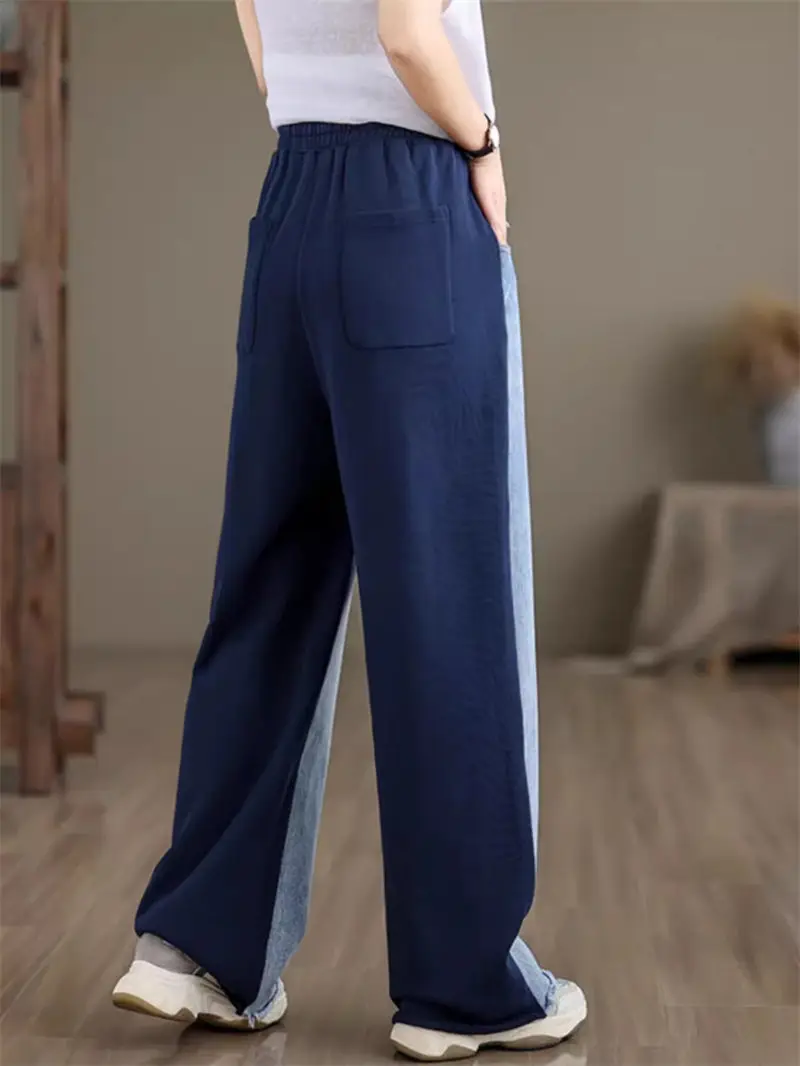 Retro Design Patchwork Contrasting Color Fur Edge Jeans For Women's Summer High Waist Wide Leg Pants Lloose Denim Trousers K1553