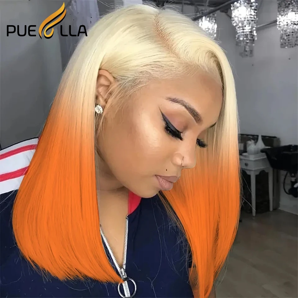 Wig Frontal lurus pendek 613 renda 13x6 Bob Ombre oranye Wig rambut manusia untuk wanita 13x4 Wig depan renda Virgin transparan