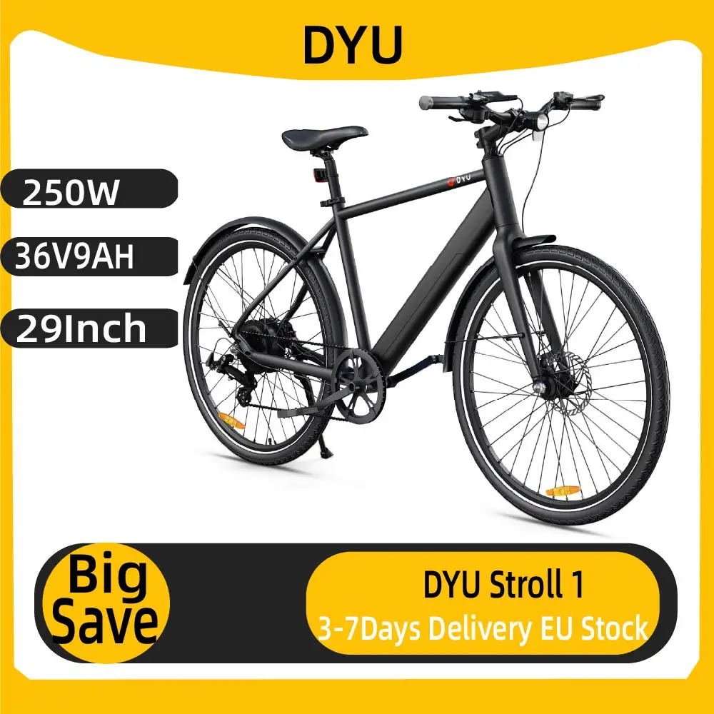 Vélo électrique DYU Stroll 1, moteur 250W, batterie 36V 9Ah, cadre en alliage d'aluminium, pneus 29 pouces, vélo électrique pour adultes