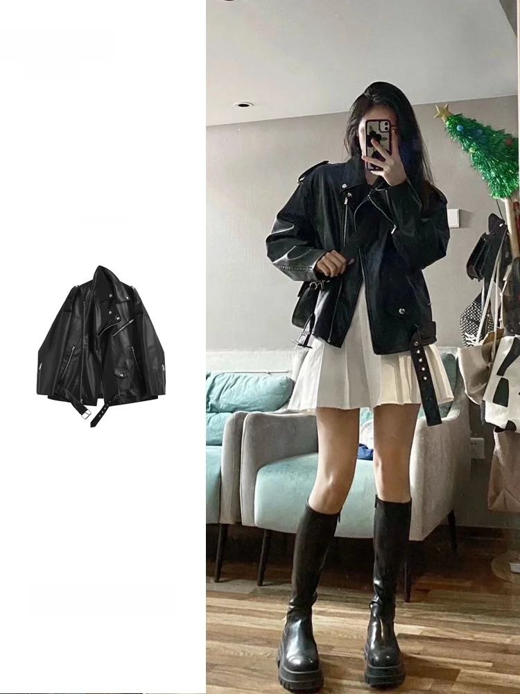 

Slim Fit Black Leather Jacket Women's Coat Spring Autumn New Style Hong Kong Retro High Quality Elegant PU Leather Jacket