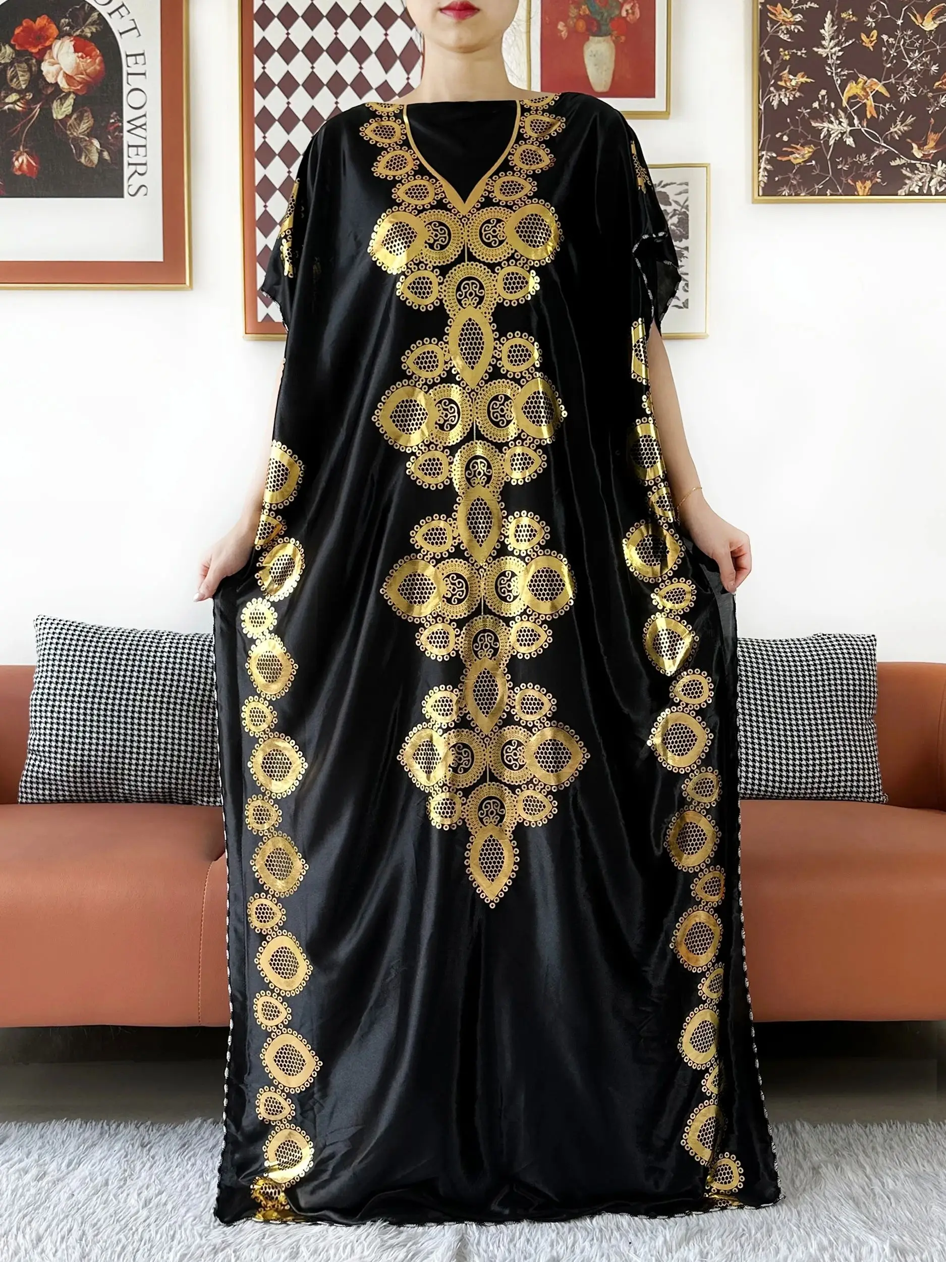 2025 New Summer Short Sleeve Robe Loose Lady Dress Oiled Cloth Gold Stamping Boubou Maxi Islam Women African Abaya Clothing - Image 2