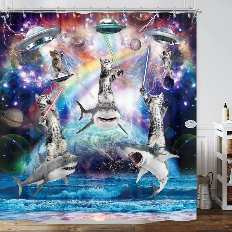 Funny cat shower curtain, cool and funny shark fantasy space anime shower curtain, funny fabric bathroom curtain set