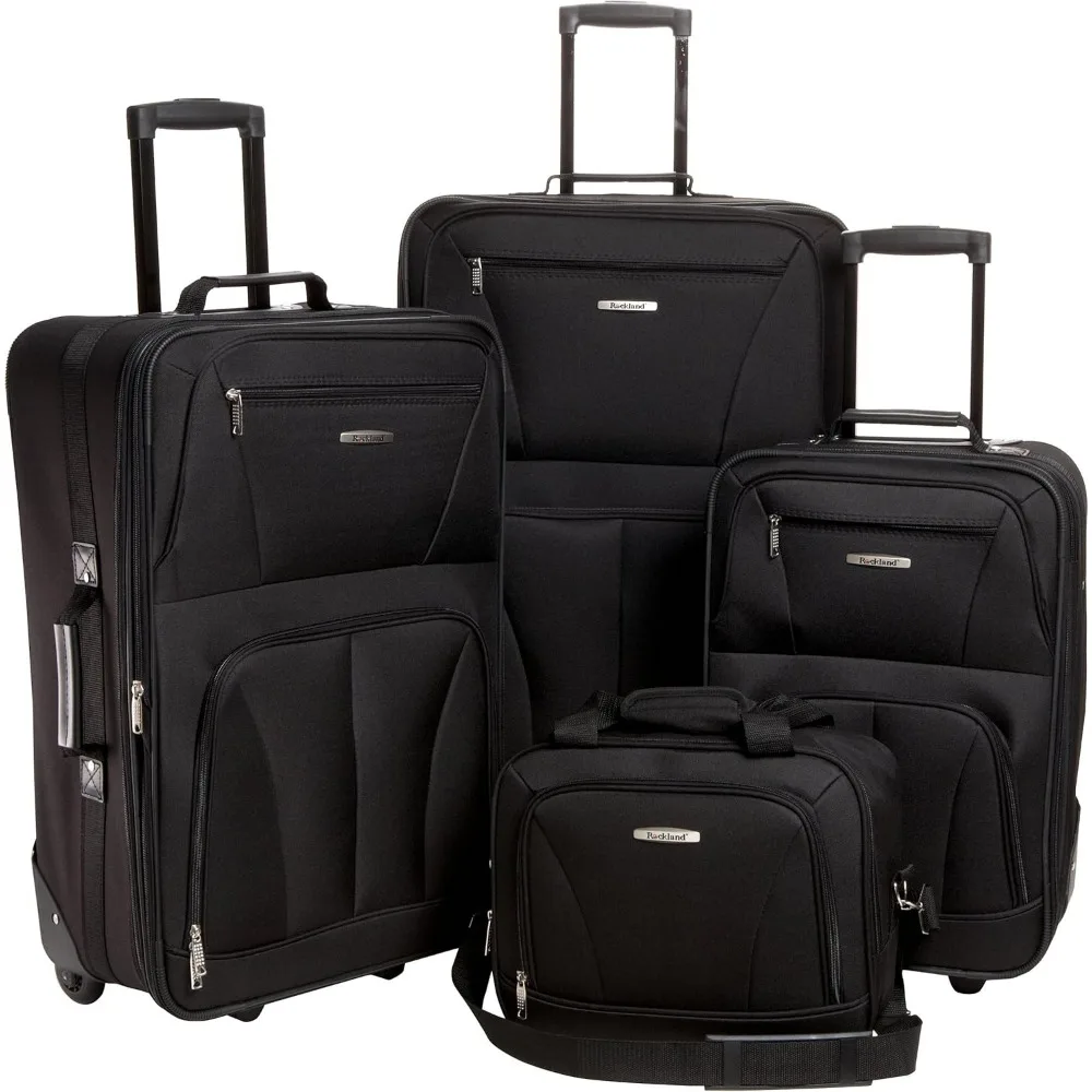 Rockland Journey Softside Upright Luggage Set,Expandable, Lightweight, Black, 4-Piece (14/19/24/28)