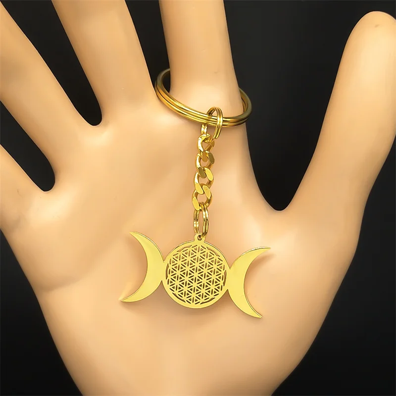 Witch Triple Moon Goddess Keychain for Women Men Stainless Steel Gold Color Wicca Flower Seed of Life Key Ring Jewelry K3766S02 image 3