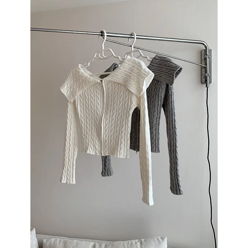 CTRLLOCK Chic Solid Color Slash Neck Off Shoulder Knitted Cardigan Slim Women Long Sleeve Zipper Open Stitch