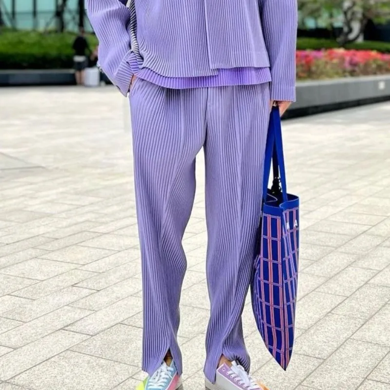 

Miyake плиссированные мужские черные брюки с разрезом, драпированные осенние повседневные свободные прямые брюки, простая пригородная одежда, не морщины