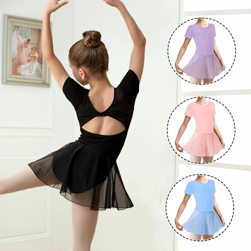 Kurzarm-Ballett-Trikot für Mädchen, Kleinkind, Netz-Tanzrock, Kinder-Tanzkleidung mit Schleife und Knoten hinten für Tanzaufführungen