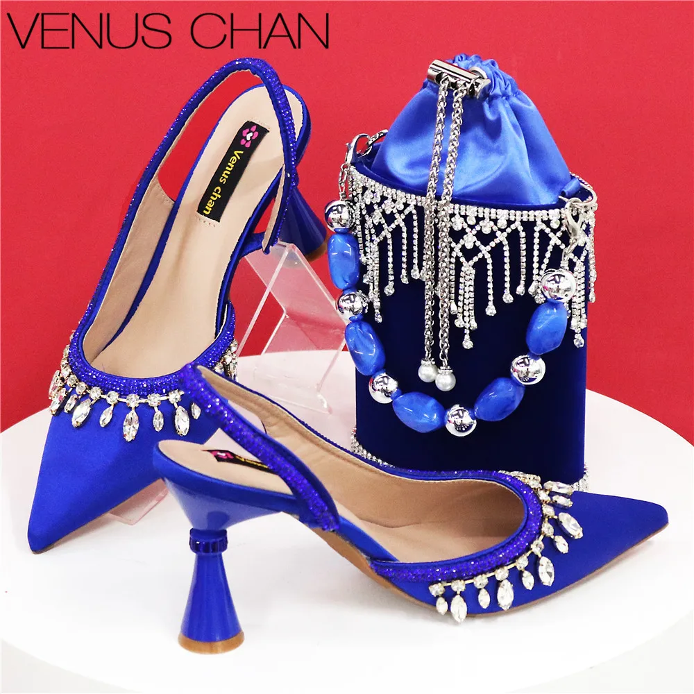 

Mature Sweet High Heels Shoes and Bags for Women Heel Luxury Rhinestone Evening Wedding Party Blue Color Elegant Hnadbag