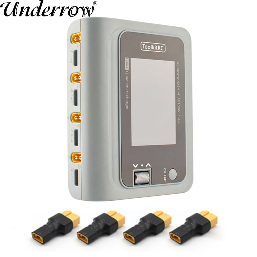 

ToolkitRC Q4AC 4x50w 4 Ports XT60 with XT30 Adapters IPS Bright Clear Wide Angle Display AC DC Smart Charger for Lipo Battery