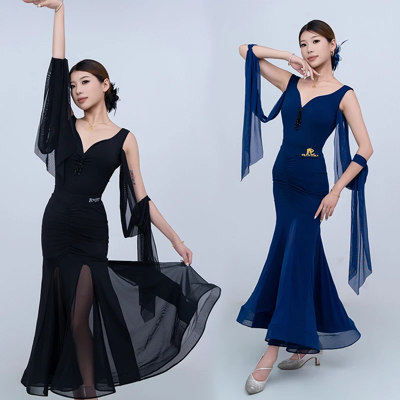 

2025 Modern Dance Mesh V-neck Big Swing Dress Competition Costume Ballroom Dress Women National Standard Dance Clothes DN21760