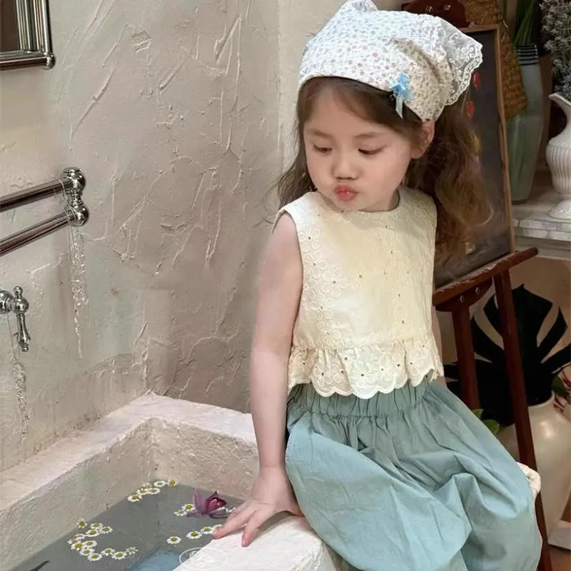 Girls' Outfit Short Front Long Back Crop Top with Lace Trim and Capri Pants2025Summer New Foreign Trade Children's Wear Delivery