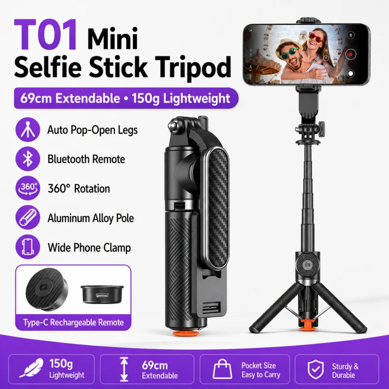 

T01 Mini Selfie Stick Tripod, Portable Telescopic Phone Stand Anti-Shake Holder for Vlog Live Stream Photo Video