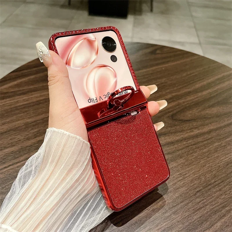 Plating Hinge Protection Funda for Honor V Flip Case Jewelled Glitter Spark Cover with Ring for Honor Magic V Flip Hinge Case