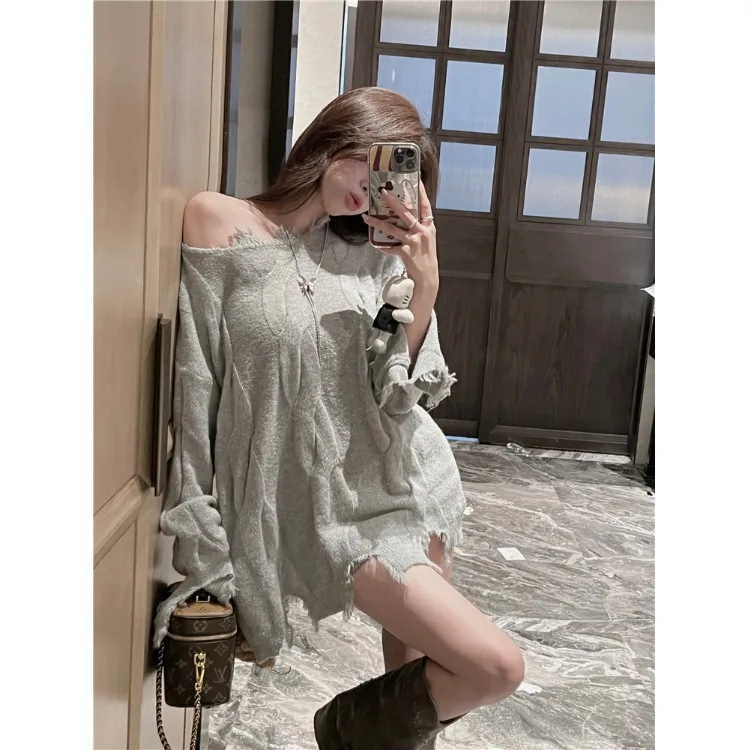 

Модный женский длинный витой свитер Lazy Sle, осень-зима, новый свободный вязаный топ с открытыми плечами и отверстиями