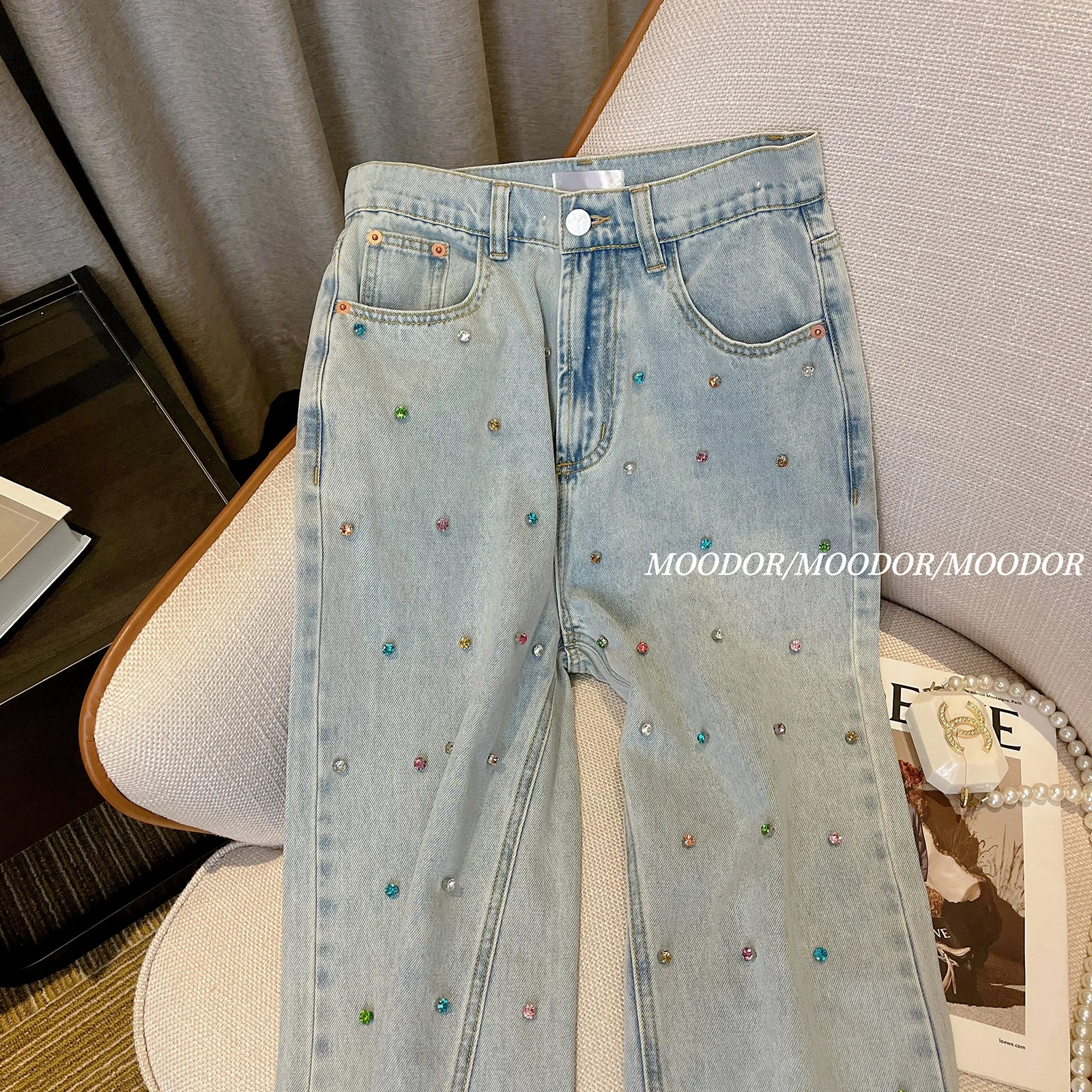 Imagem -03 - Jeans Reto de Cintura Alta Feminino Strass Estrelado Calças Soltas Estilo Americano Retrô Minoritário Alto Grau Elegante Verão