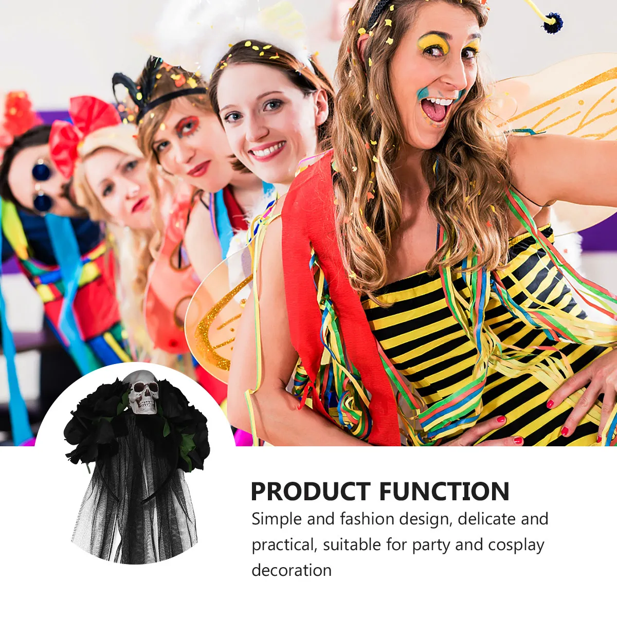 Skull Flower Hair Hoop with Long Veil Halloween Party Headdress Masquerade Costume Accessory Photo Prop Festival Performance