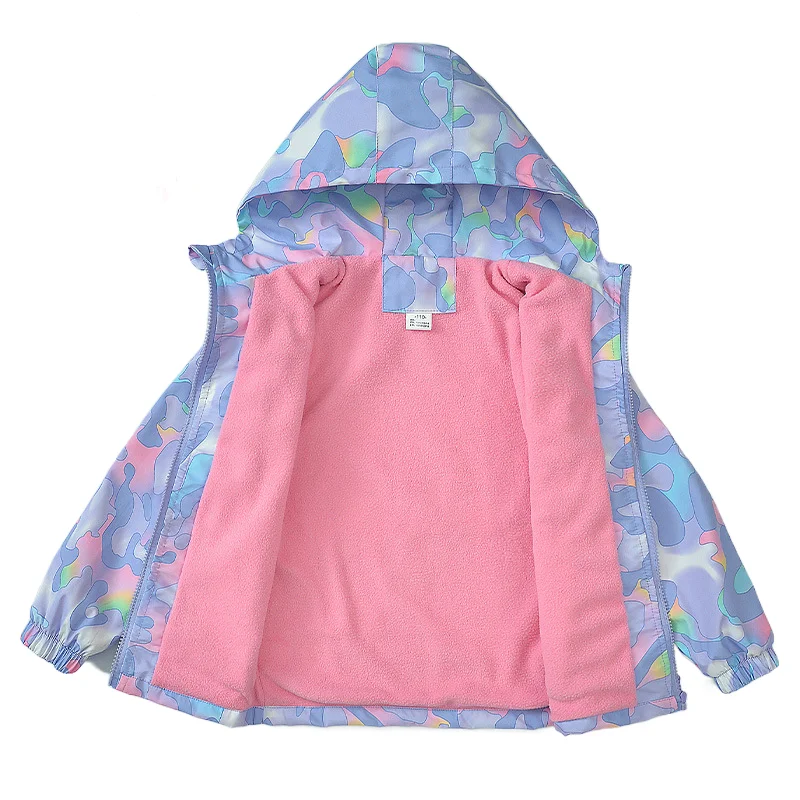 Girls Waterproof Hooded Sweet Printed Fleece Lined Zip Hiking Jacket School Kids Outfit Windbreaker Tops Child Track Coat 3-14Yr