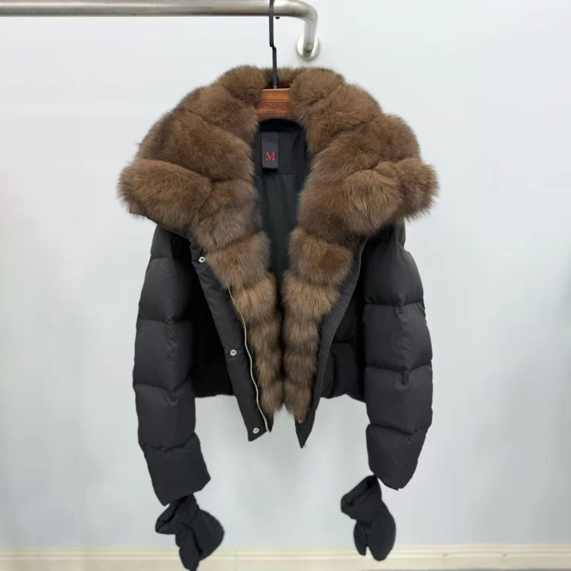 Alta qualidade inverno novo feminino gola de pele de raposa com capuz jaqueta y2k moda casual grosso quente ganso para baixo casaco luvas quentes