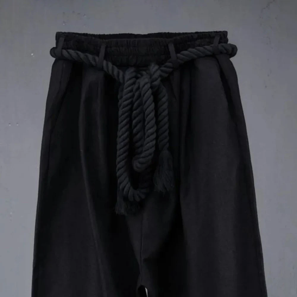 Pantaloni Harem in lino nero estivo da uomo pantaloni larghi da palcoscenico da discoteca con cintura in corda pantaloni da jogging Hip Hop Punk gotici da uomo Street Wear