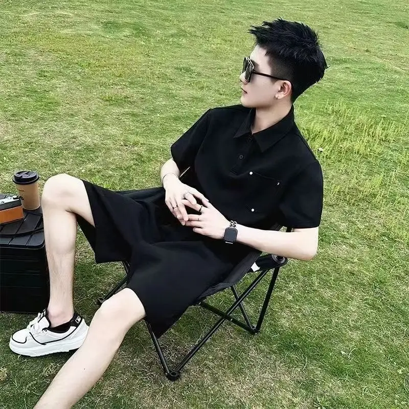 

Black T-shirts Shorts Suits for Men Work Wear Man Sets Luxury Essential Novelty in 2025 Trend Two Piece Set Korean Style Cool