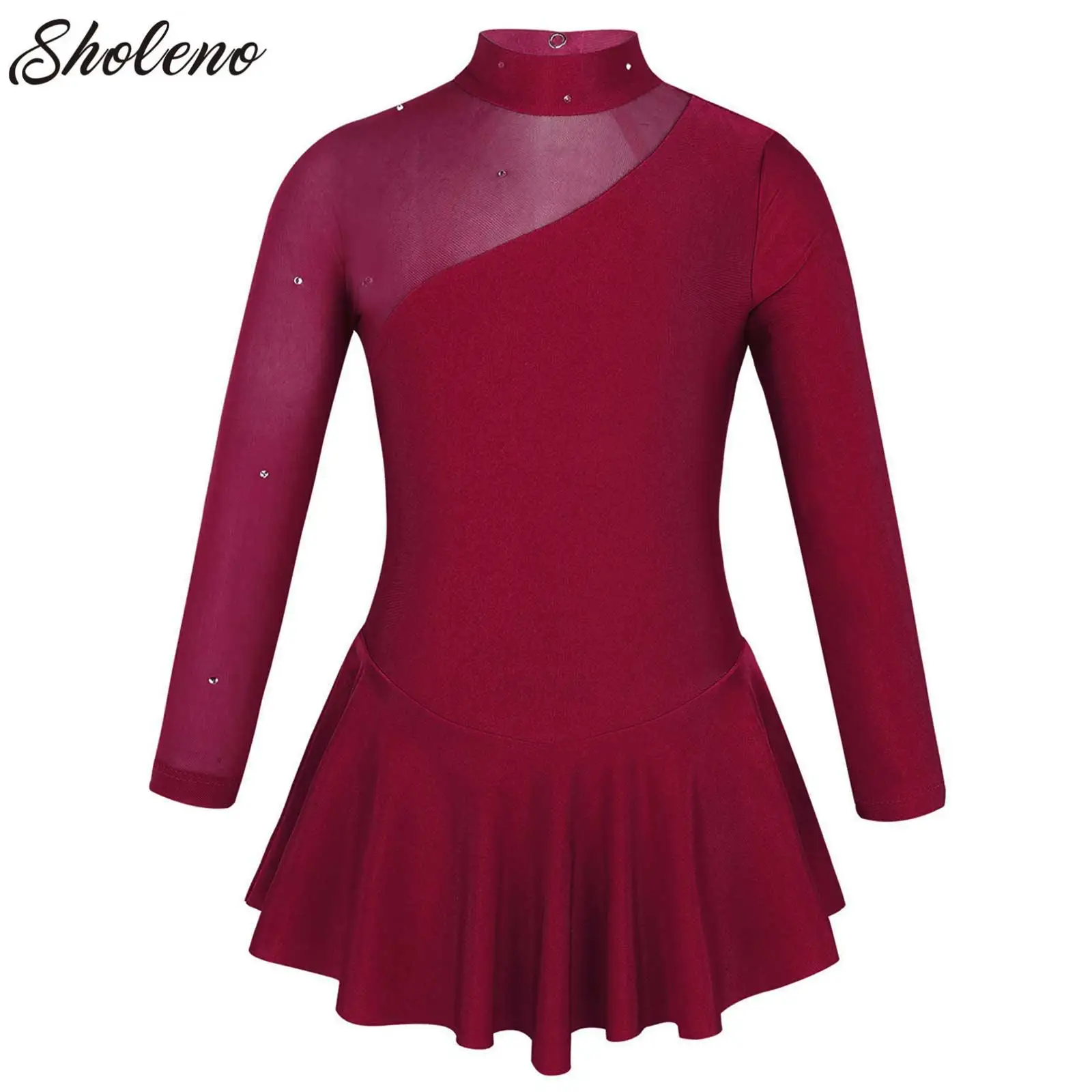 

Kids Long Sleeves Tulle Splice Figure Ice Skating Leotard Dress Rhythmic Gymnastics Jersey Girl Ballet Lyrical Dance Costume