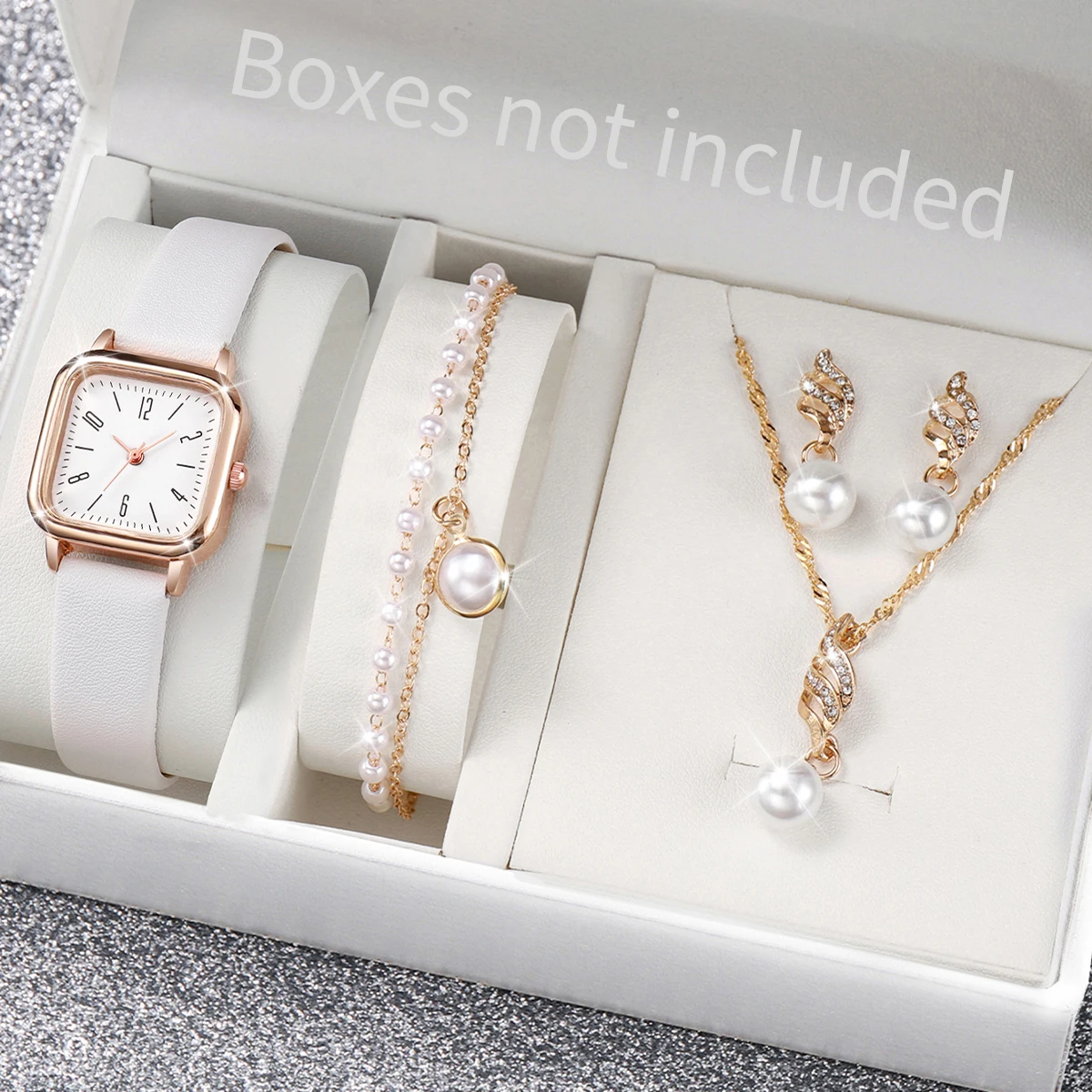 5 Stks/set Mode Vrouwen Lederen Band Vierkante Kast Quartz Horloge & Parel Sieraden Set