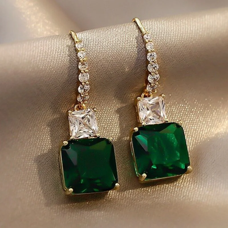 Korean Fashion Square Emerald Dangling Earrings for Women Gemstone Zircon Green Stone Drop Earring Engagement Wedding Jewelry