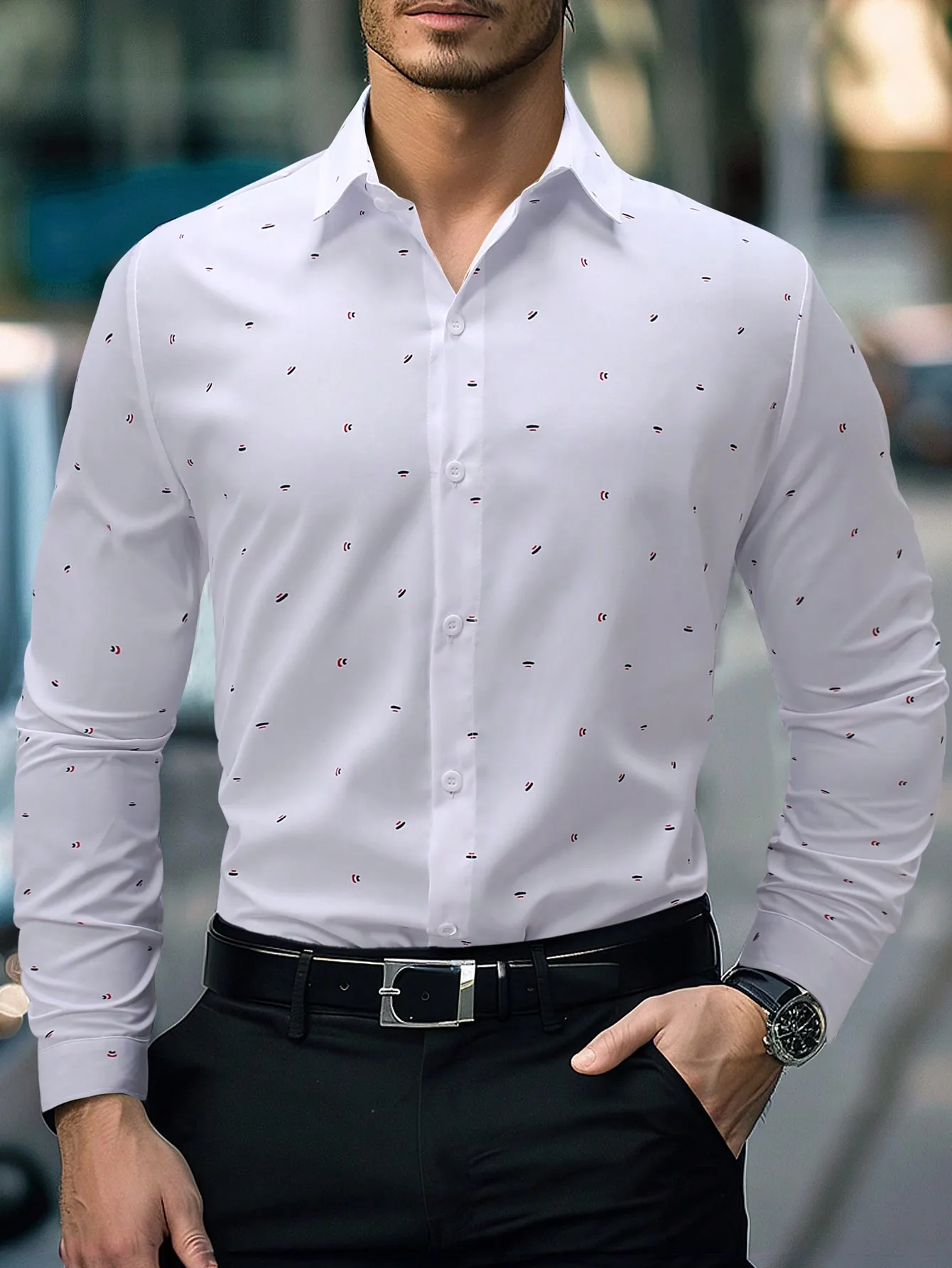 

Men's White Long Sleeve Button-Down Shirt with Micro Pattern Print, Business Casual Style