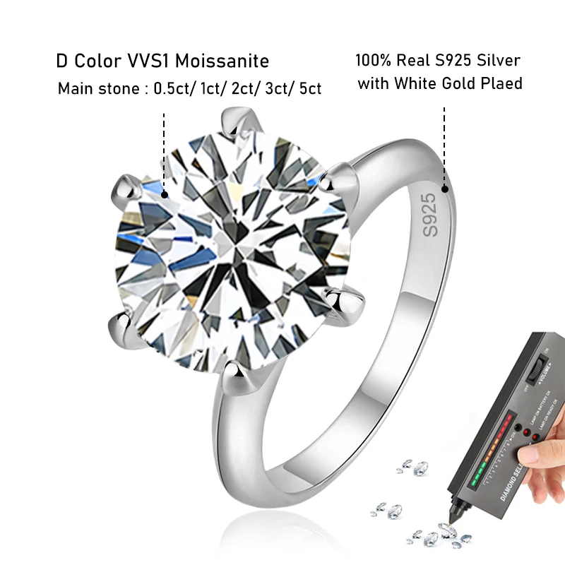 Tezzc 1ct 2ct 3ct 5ct Moissanite Anello di fidanzamento per le donne 925 Sterling Silver Anelli di diamanti Gioielli all'ingrosso con certificato