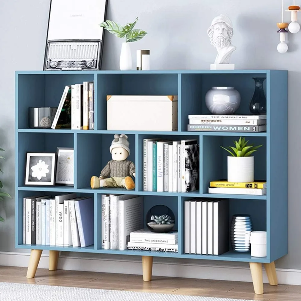 

Wooden Open Shelf Bookcase - 3-Tier Floor Standing Display Cabinet Rack with Legs, 10 Cubes Bookshelf, Bright Blue