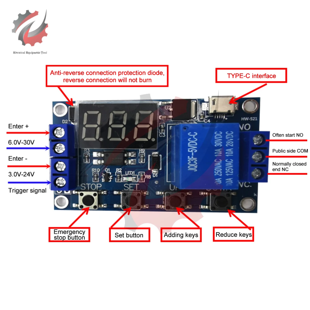 

DC 6-30V LED Light Digital Time Delay Relay Module Trigger Cycle Switch Circuit Board Micro Type-C USB Timing Control Module