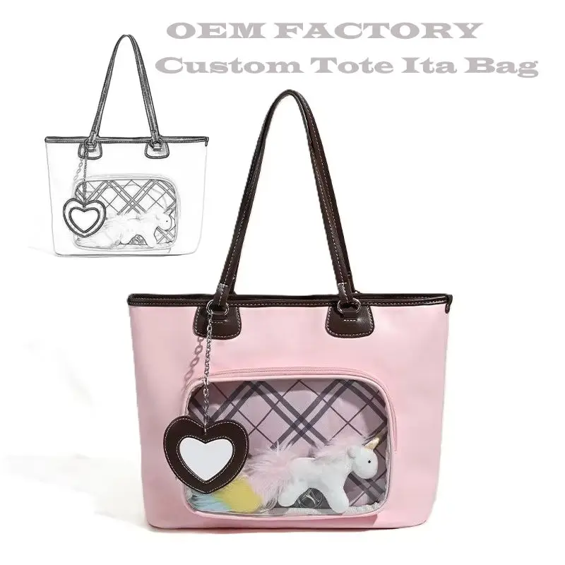 Hersteller kundenspezifische Damen-Einkaufstasche aus Kunstleder mit klarem Fenster, Taschennadeln, Display, Damenhandtasche, Ita-Tasche